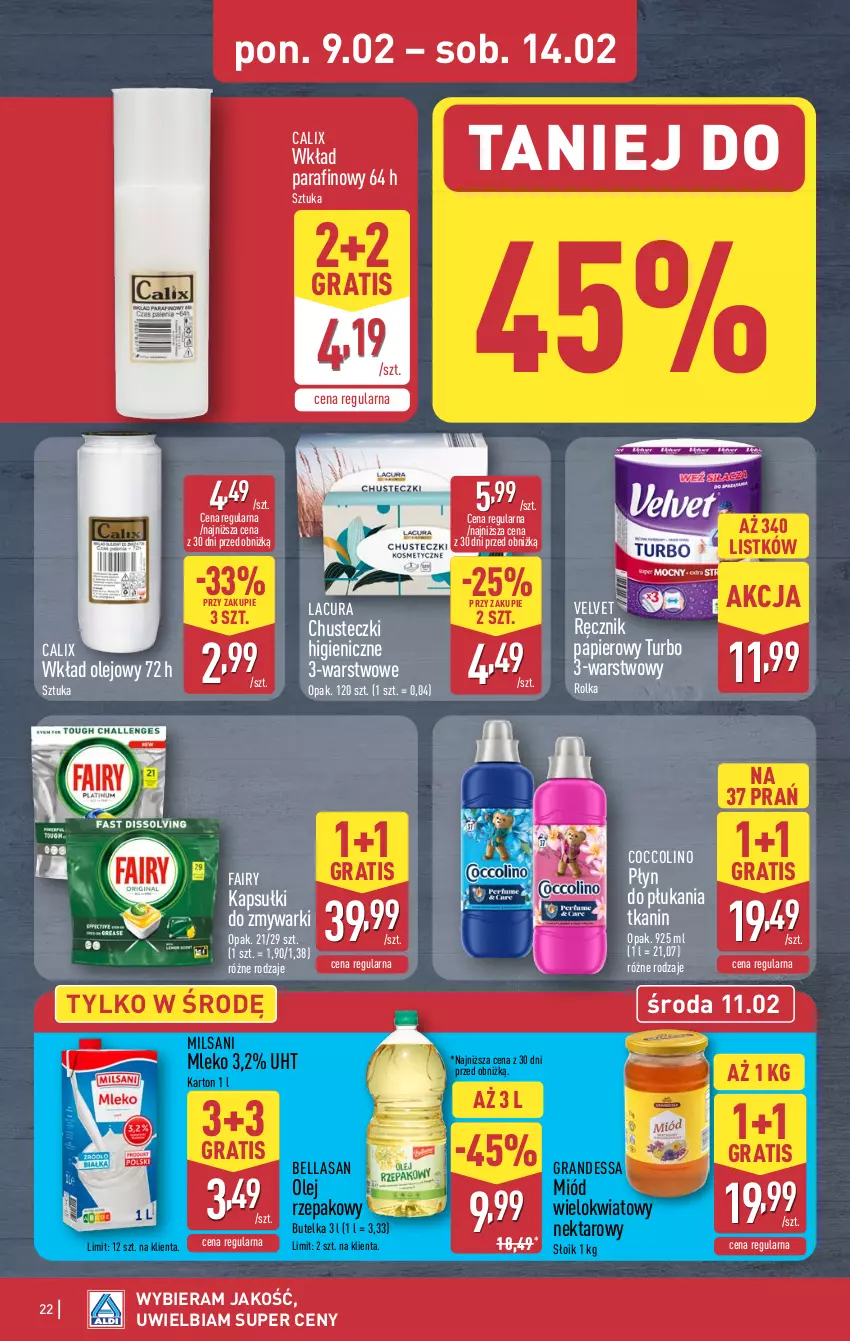 Gazetka promocyjna Aldi - Pełna oferta - ważna 09.02 do 14.02.2026 - strona 22 - produkty: Bell, Bella, Chusteczki, Coccolino, Fa, Fairy, Gra, Miód, Mleko, Nektar, Olej, Olej rzepakowy, Papier, Płyn do płukania, Ręcznik, Velvet, Wkład olejowy, Zmywarki