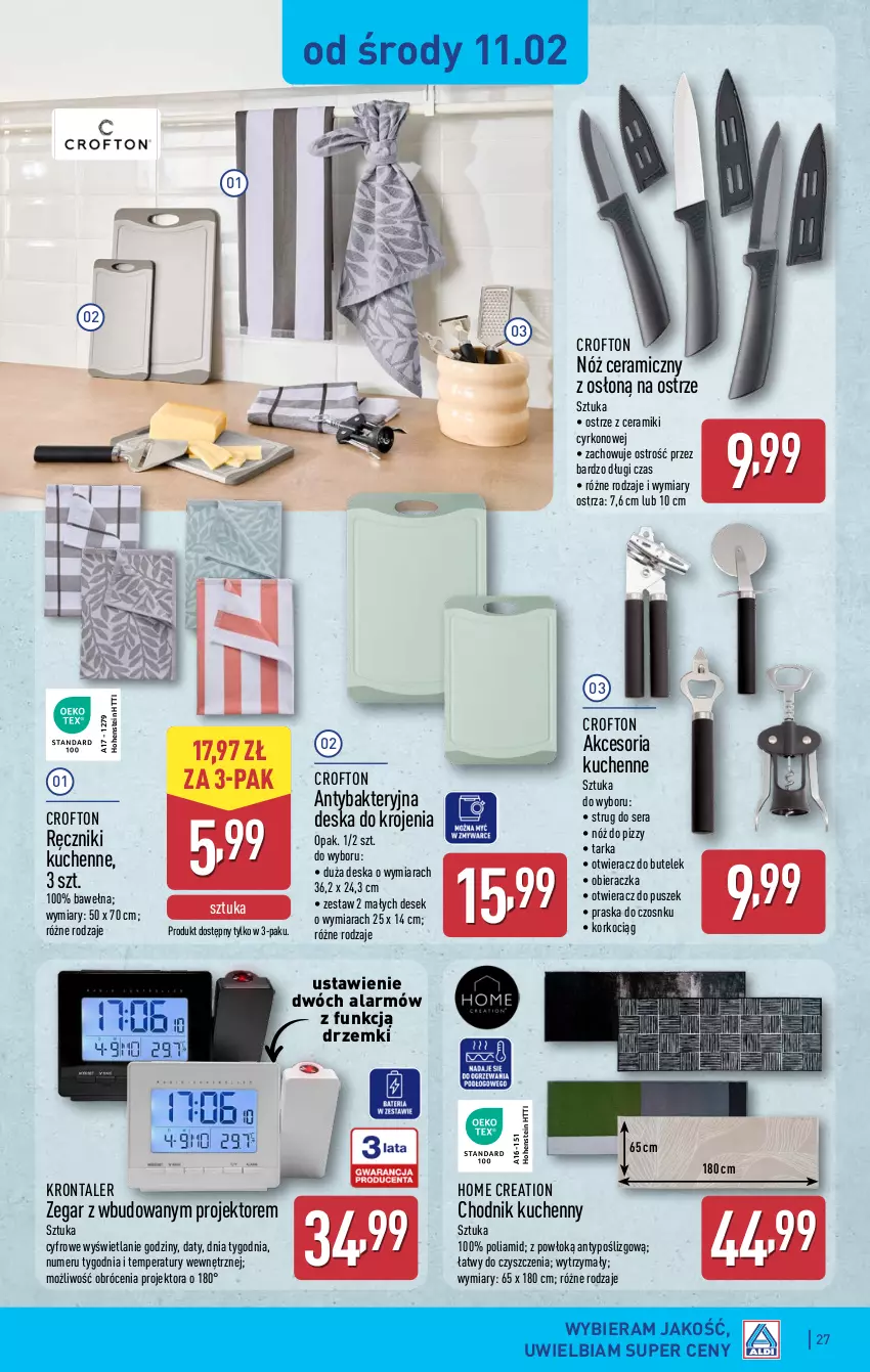 Gazetka promocyjna Aldi - Pełna oferta - ważna 09.02 do 14.02.2026 - strona 27 - produkty: Chodnik, Deska do krojenia, Koc, Korkociąg, Nóż ceramiczny, Obieraczka, Otwieracz, Praska, Ręcznik, Ser, Tarka, Wełna, Zegar