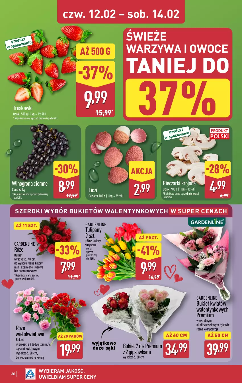 Gazetka promocyjna Aldi - Pełna oferta - ważna 09.02 do 14.02.2026 - strona 30 - produkty: Bukiet, Liczi, Owoce, Piec, Pieczarki krojone, Sok, Truskawki, Tulipan, Warzywa, Warzywa i owoce, Wino, Winogrona