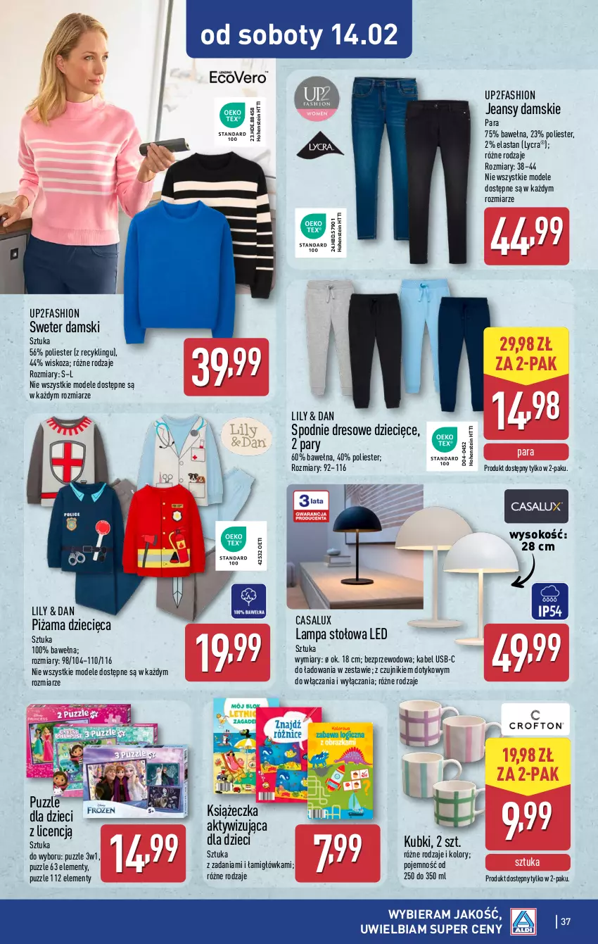 Gazetka promocyjna Aldi - Pełna oferta - ważna 09.02 do 14.02.2026 - strona 37 - produkty: Dres, Dzieci, Fa, Kabel USB, Lampa, Lampa stołowa, Piżama, Puzzle, Sok, Spodnie, Spodnie dresowe, Sweter, Wełna