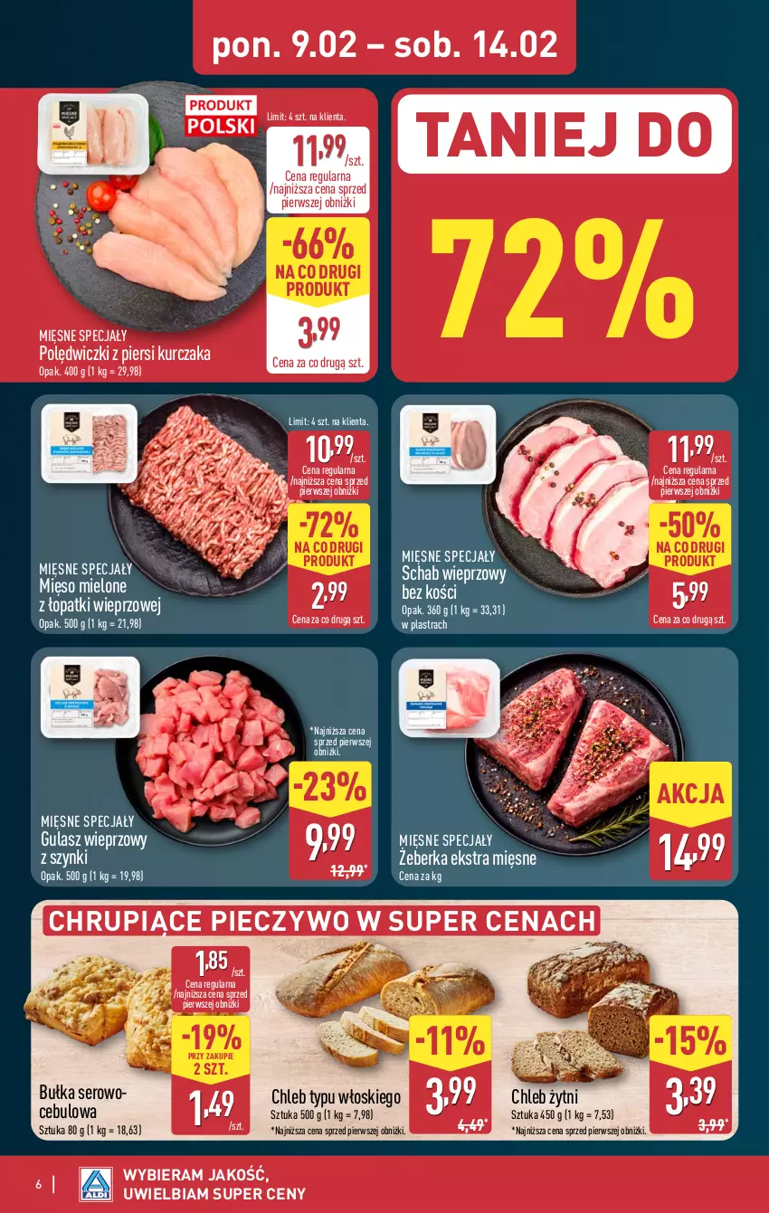 Gazetka promocyjna Aldi - Pełna oferta - ważna 09.02 do 14.02.2026 - strona 6 - produkty: Bułka, Chleb, Chleb typu włoskiego, Kurczak, Mięsne specjały, Mięso, Mięso mielone, Mięso mielone z łopatki wieprzowej, Owoce, Piec, Pieczywo, Schab wieprzowy, Ser