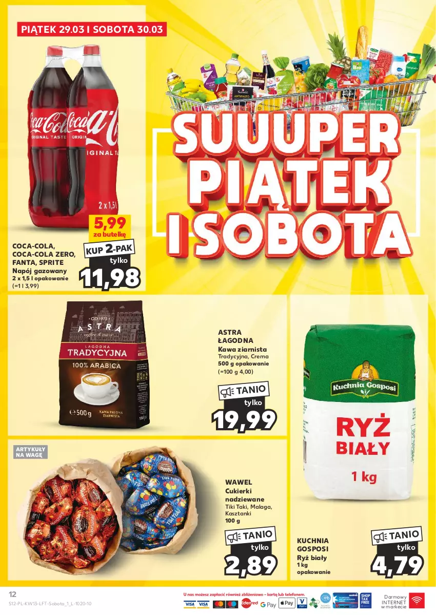 Gazetka promocyjna Kaufland - Gazetka tygodnia - ważna 27.03 do 03.04.2024 - strona 12 - produkty: Coca-Cola, Cukier, Cukierki, Cukierki nadziewane, Fa, Fanta, Kawa, Kawa ziarnista, Kuchnia, Napój, Napój gazowany, Ryż, Ryż biały, Sprite, Wawel