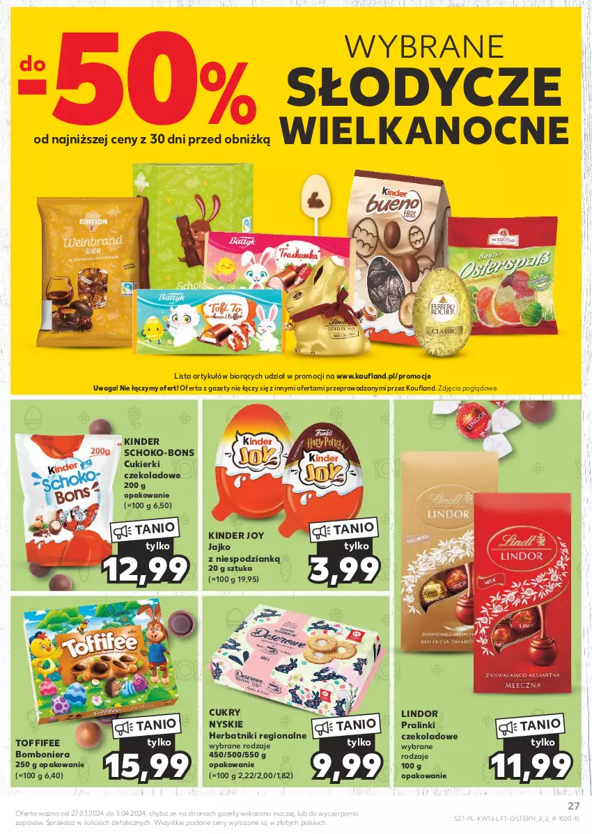 Gazetka promocyjna Kaufland - Gazetka tygodnia - ważna 27.03 do 03.04.2024 - strona 27 - produkty: Bomboniera, Cukier, Cukierki, Cukierki czekoladowe, Herbatniki, Kinder, Lindor, Toffifee, Waga