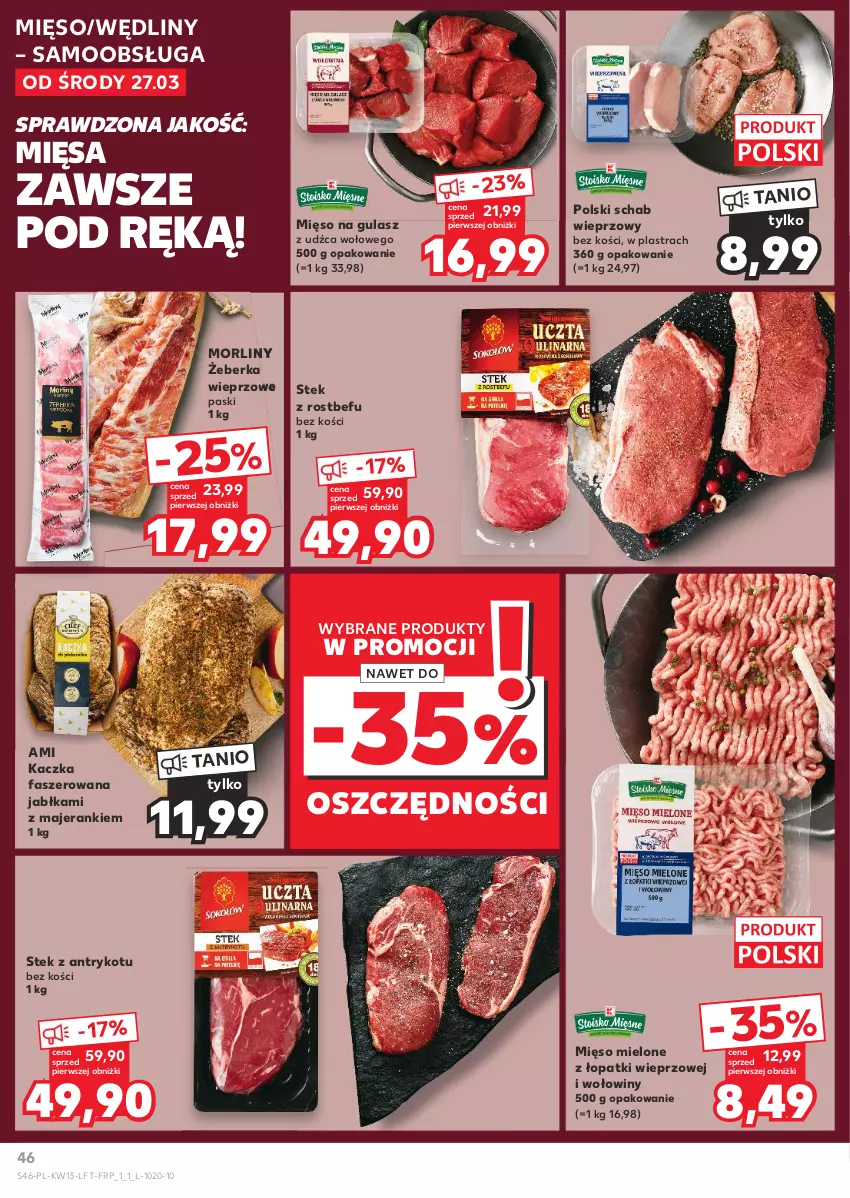 Gazetka promocyjna Kaufland - Gazetka tygodnia - ważna 27.03 do 03.04.2024 - strona 46 - produkty: Fa, Jabłka, Kaczka, Kaczka faszerowana, Mięso, Mięso mielone, Mięso mielone z łopatki wieprzowej, Mięso na gulasz, Morliny, Rostbef, Schab wieprzowy, Stek