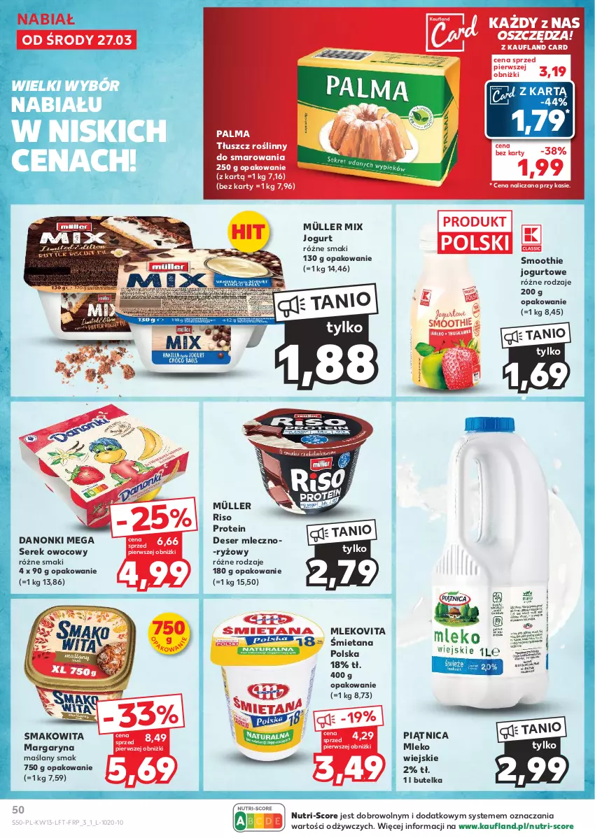 Gazetka promocyjna Kaufland - Gazetka tygodnia - ważna 27.03 do 03.04.2024 - strona 50 - produkty: Danonki, Deser, Jogurt, Margaryna, Mleko, Mlekovita, Müller, Müller Mix, Palma, Piątnica, Ryż, Ser, Serek, Smakowita, Smoothie, Tłuszcz roślinny