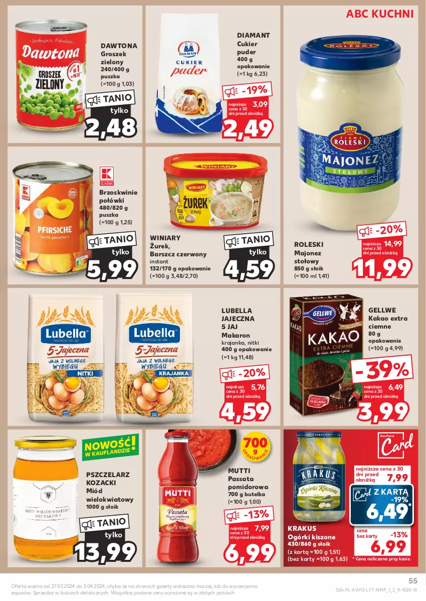 Gazetka promocyjna Kaufland - Gazetka tygodnia - ważna 27.03 do 03.04.2024 - strona 55 - produkty: Bell, Bella, Brzoskwinie, Cukier, Cukier puder, Dawtona, Diamant, Groszek, Kakao, Krakus, Lubella, Majonez, Makaron, Miód, Puder, Winiary