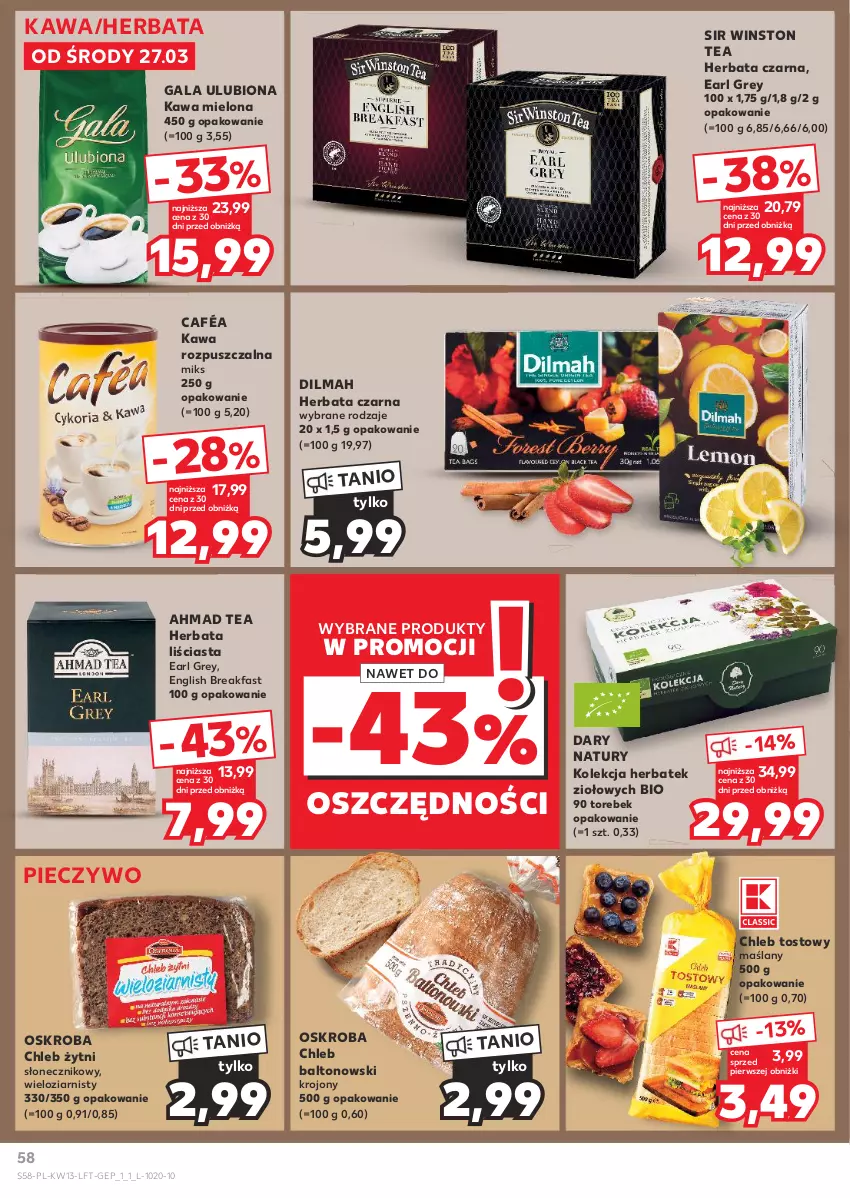 Gazetka promocyjna Kaufland - Gazetka tygodnia - ważna 27.03 do 03.04.2024 - strona 58 - produkty: Chleb, Chleb tostowy, Dilmah, Earl Grey, Fa, Gala, Herbata, Herbata czarna, Kawa, Kawa mielona, Kawa rozpuszczalna, Piec, Pieczywo, Winston