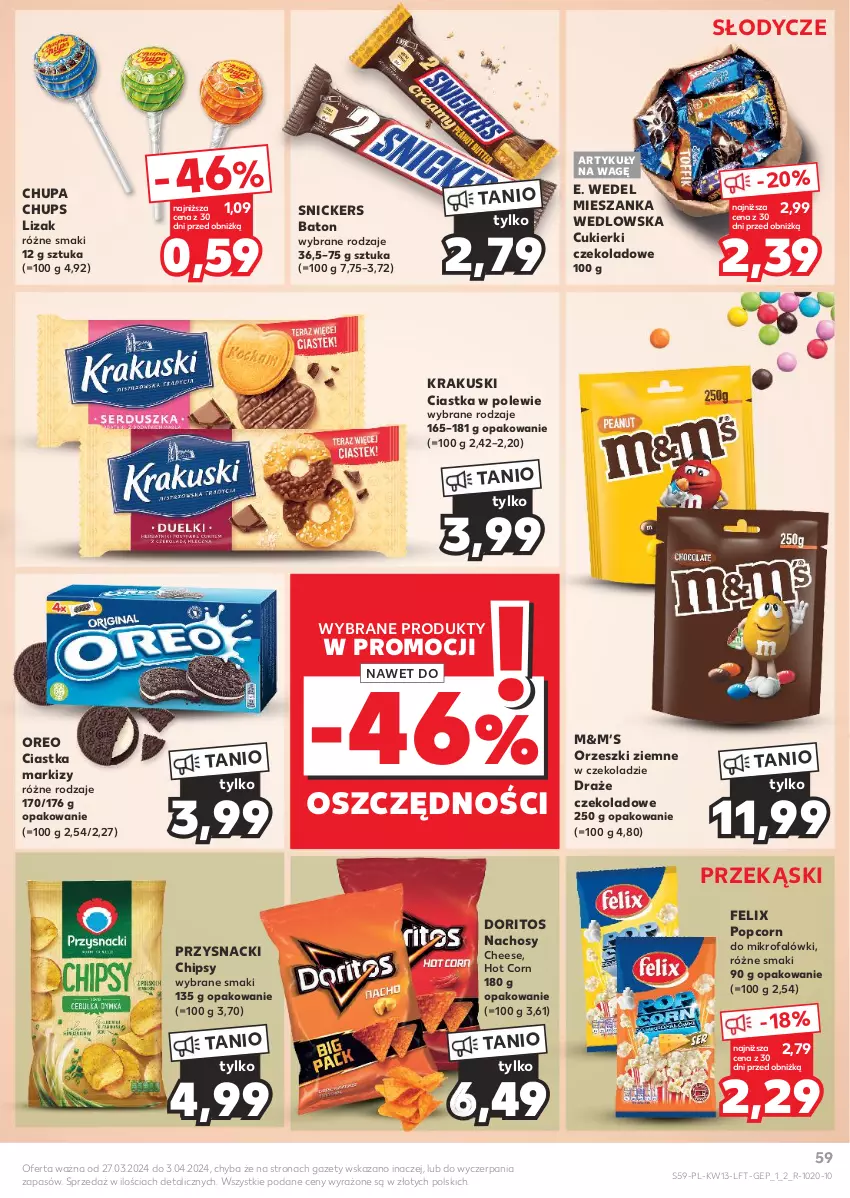 Gazetka promocyjna Kaufland - Gazetka tygodnia - ważna 27.03 do 03.04.2024 - strona 59 - produkty: Baton, Chipsy, Chupa Chups, Ciastka, Cukier, Cukierki, Cukierki czekoladowe, E. Wedel, Fa, Felix, Krakus, Krakuski, Mieszanka wedlowska, Oreo, Orzeszki, Orzeszki ziemne, Popcorn, Przysnacki, Snickers