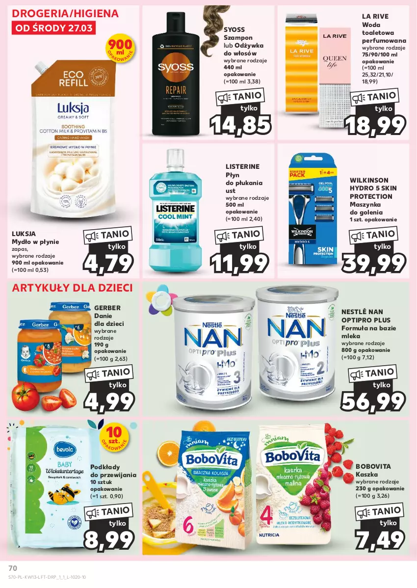 Gazetka promocyjna Kaufland - Gazetka tygodnia - ważna 27.03 do 03.04.2024 - strona 70 - produkty: BoboVita, Danie dla dzieci, Dzieci, Gerber, La Rive, Listerine, Luksja, Maszynka, Maszynka do golenia, Mydło, Mydło w płynie, NAN Optipro, Nestlé, Odżywka, Perfum, Płyn do płukania, Podkład, Syoss, Szampon, Szynka, Woda, Woda toaletowa