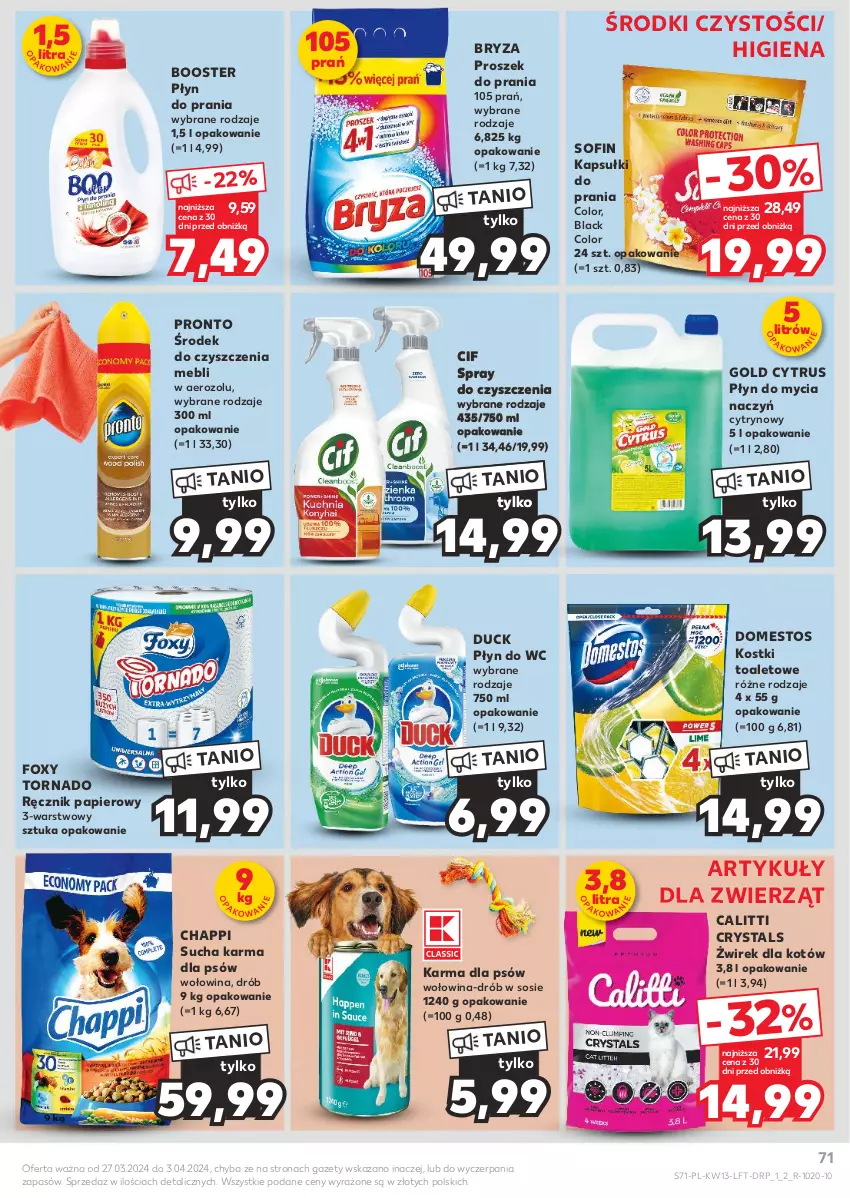 Gazetka promocyjna Kaufland - Gazetka tygodnia - ważna 27.03 do 03.04.2024 - strona 71 - produkty: Booster, Bryza, Chappi, Cif, Do mycia naczyń, Domestos, Drób, Duck, Foxy, Kapsułki do prania, Lack, Papier, Płyn do mycia, Płyn do mycia naczyń, Płyn do prania, Płyn do wc, Pronto, Proszek do prania, Ręcznik, Sos, Spray do czyszczenia, Sucha karma, Wołowina