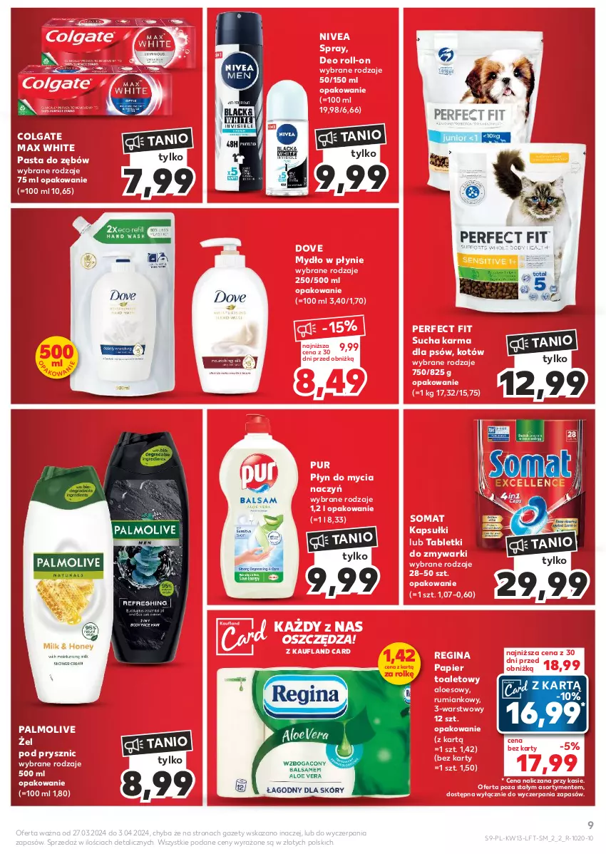 Gazetka promocyjna Kaufland - Gazetka tygodnia - ważna 27.03 do 03.04.2024 - strona 9 - produkty: Colgate, Do mycia naczyń, Dove, Gin, LG, Mydło, Mydło w płynie, Nivea, Palmolive, Papier, Papier toaletowy, Pasta do zębów, Płyn do mycia, Płyn do mycia naczyń, Pur, Rum, Somat, Sucha karma, Tablet, Tabletki do zmywarki, Zmywarki