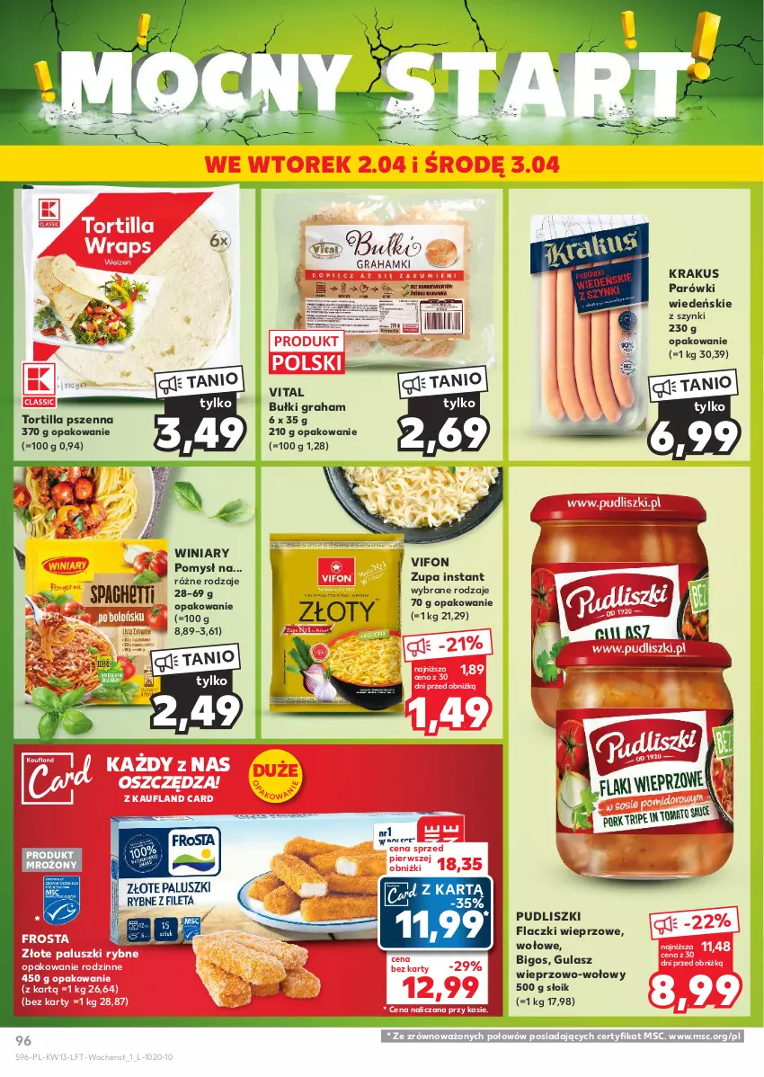 Gazetka promocyjna Kaufland - Gazetka tygodnia - ważna 27.03 do 03.04.2024 - strona 96 - produkty: Bigos, Frosta, Gra, Krakus, Paluszki rybne, Parówki, Pudliszki, Tortilla, Winiary, Zupa