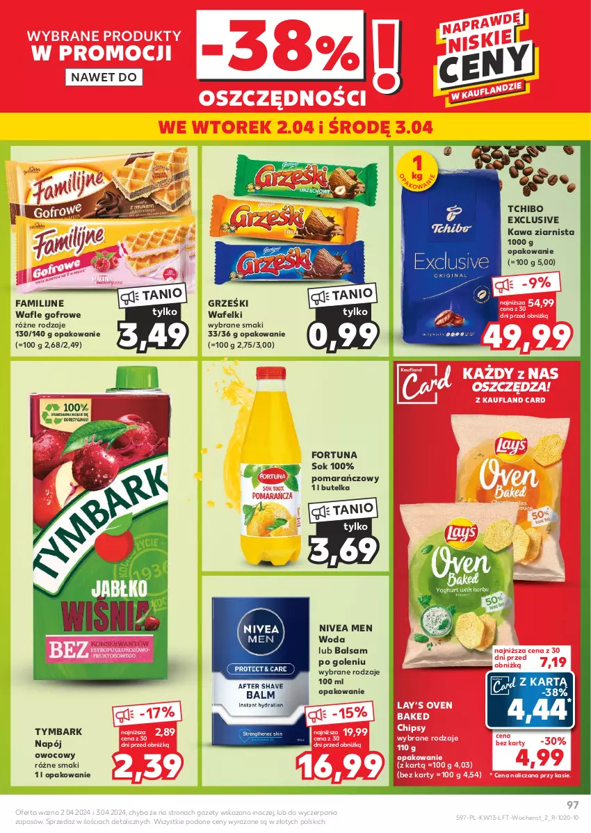 Gazetka promocyjna Kaufland - Gazetka tygodnia - ważna 27.03 do 03.04.2024 - strona 97 - produkty: Balsam po goleniu, Chipsy, Fa, Fortuna, Grześki, Kawa, Kawa ziarnista, Lay’s, Napój, Nivea, Nivea Men, Sok, Tchibo, Tymbark, Wafle, Woda