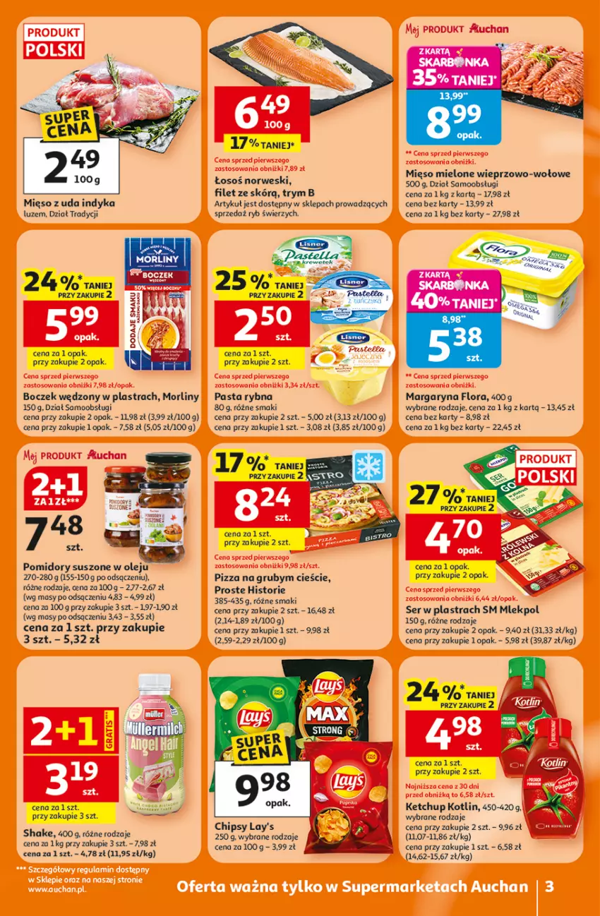 Gazetka promocyjna Auchan - Gazetka 30 Lat Supermarket Auchan Franczyza - ważna 15.01 do 21.01.2026 - strona 3 - produkty: Boczek, Chipsy, Flora, Ketchup, Kotlin, Margaryna, Mięso, Mięso mielone, Morliny, Olej, Pizza, Pomidory, Ser