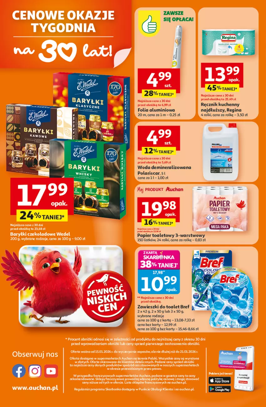 Gazetka promocyjna Auchan - Gazetka 30 Lat Supermarket Auchan Franczyza - ważna 15.01 do 21.01.2026 - strona 4 - produkty: Bref, Folia aluminiowa, Gin, Papier, Papier toaletowy, Ręcznik, Ręcznik kuchenny, Rolki, Woda, Zawieszki