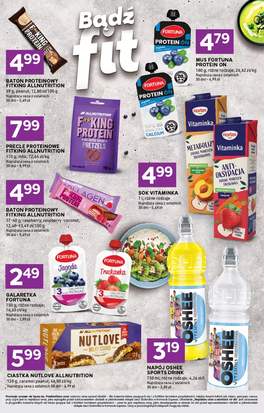 Gazetka promocyjna Stokrotka - Stokrotka Express - ważna 22.01 do 28.01.2026 - strona 5 - produkty: Baton, Ciastka, Fortuna, Gala, Galaretka, Inka, Mięso, Mus, Napój, Oshee, Owoce, Por, Precle, Ser, Sok, Sport, Warzywa