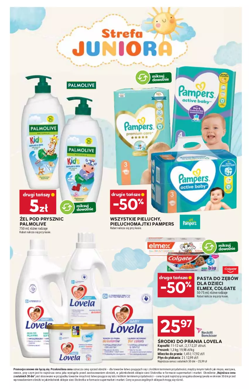 Gazetka promocyjna Stokrotka - Supermarket - ważna 30.10 do 05.11.2025 - strona 35 - produkty: Colgate, Dzieci, Elmex, LG, Lovela, Majtki, Mięso, Mleczko, Mleczko do prania, Owoce, Palmolive, Pampers, Pasta do zębów, Pieluchomajtki, Pieluchy, Płyn do płukania, Warzywa