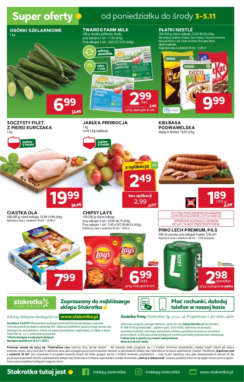 Gazetka promocyjna Stokrotka - Supermarket - ważna 30.10 do 05.11.2025 - strona 37 - produkty: Cheerios, Chipsy, Ciastka, Corn flakes, Dres, Fa, Farm Milk, Filet z piersi kurczaka, Gra, Jabłka, JBL, Kiełbasa, Kiełbasa podwawelska, Kurczak, Lay’s, Lech Premium, Lion, Mięso, Mus, Nesquik, Nestlé, O nas, Owoce, Piwa, Piwo, Telefon, Twaróg, Wagi, Warzywa, Wawel