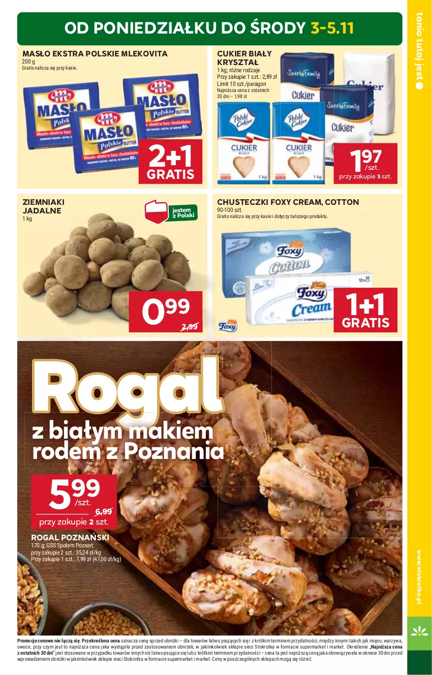 Gazetka promocyjna Stokrotka - Supermarket - ważna 30.10 do 05.11.2025 - strona 5 - produkty: Chusteczki, Cukier, Foxy, Gra, Masło, Mięso, Mleko, Mlekovita, Owoce, Rogal, Vita C, Warzywa, Ziemniaki