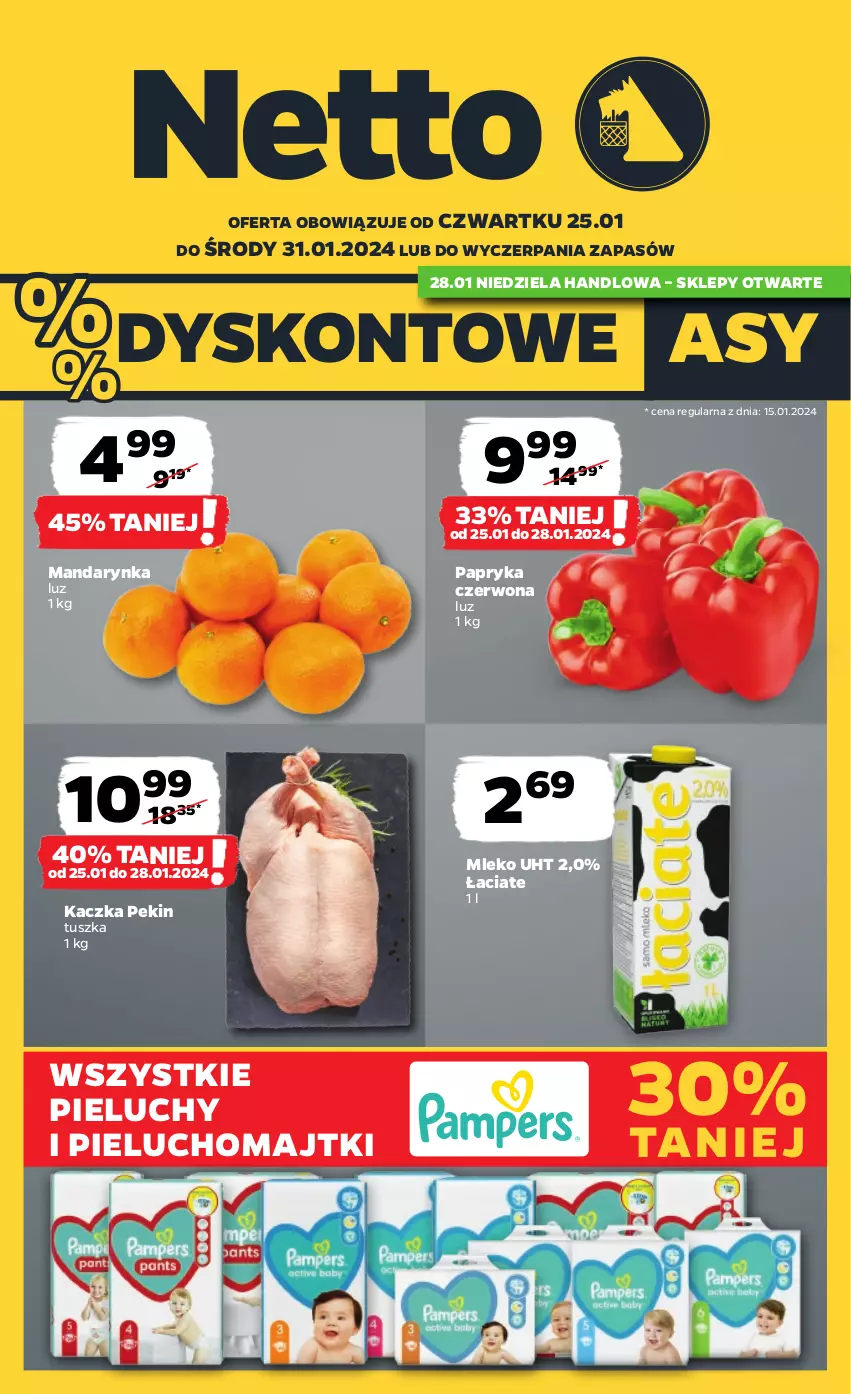 Gazetka promocyjna Netto - Artykuły spożywcze - ważna 25.01 do 31.01.2024 - strona 1 - produkty: Kaczka, Majtki, Mleko, Papryka, Papryka czerwona, Pieluchomajtki, Pieluchy, Tusz