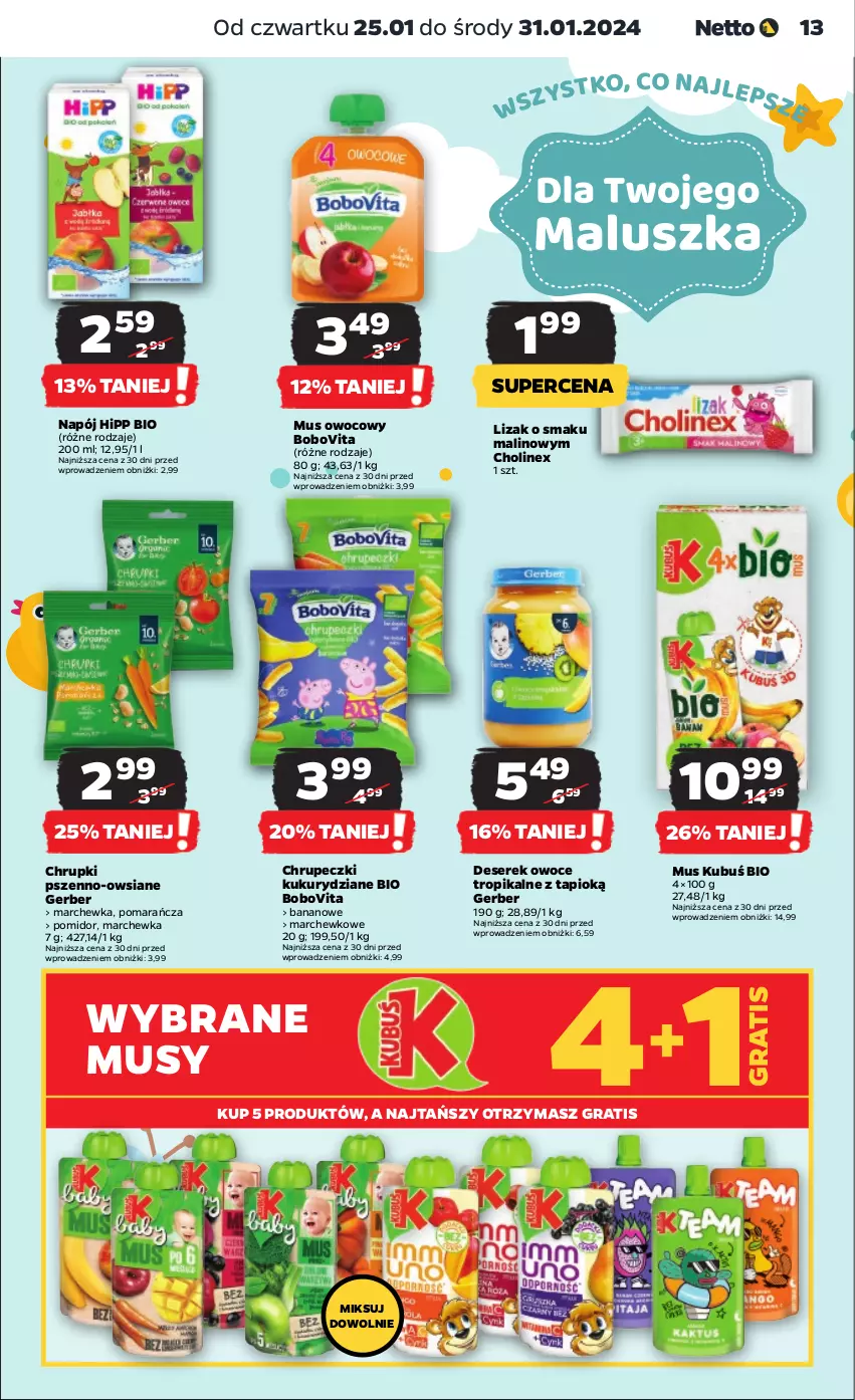 Gazetka promocyjna Netto - Artykuły spożywcze - ważna 25.01 do 31.01.2024 - strona 13 - produkty: BoboVita, Chrupki, Deser, Gerber, Gra, HiPP, Hipp Bio, Kubuś, Marchewka, Mus, Napój, Owoce, Ser, Serek