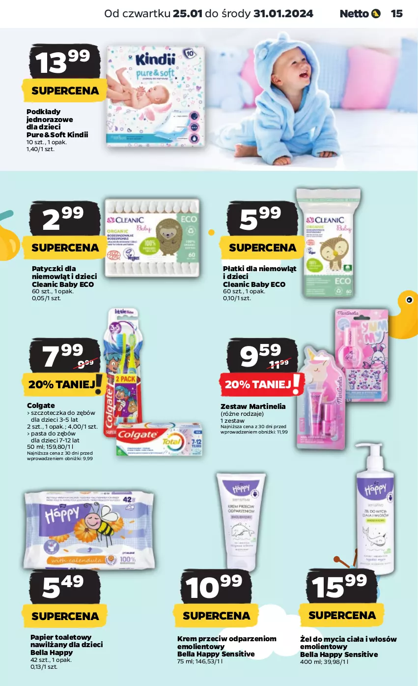 Gazetka promocyjna Netto - Artykuły spożywcze - ważna 25.01 do 31.01.2024 - strona 15 - produkty: Bell, Bella, Cleanic, Colgate, Dzieci, Kindii, LG, Papier, Papier toaletowy, Pasta do zębów, Podkład, Pur, Szczoteczka, Szczoteczka do zębów