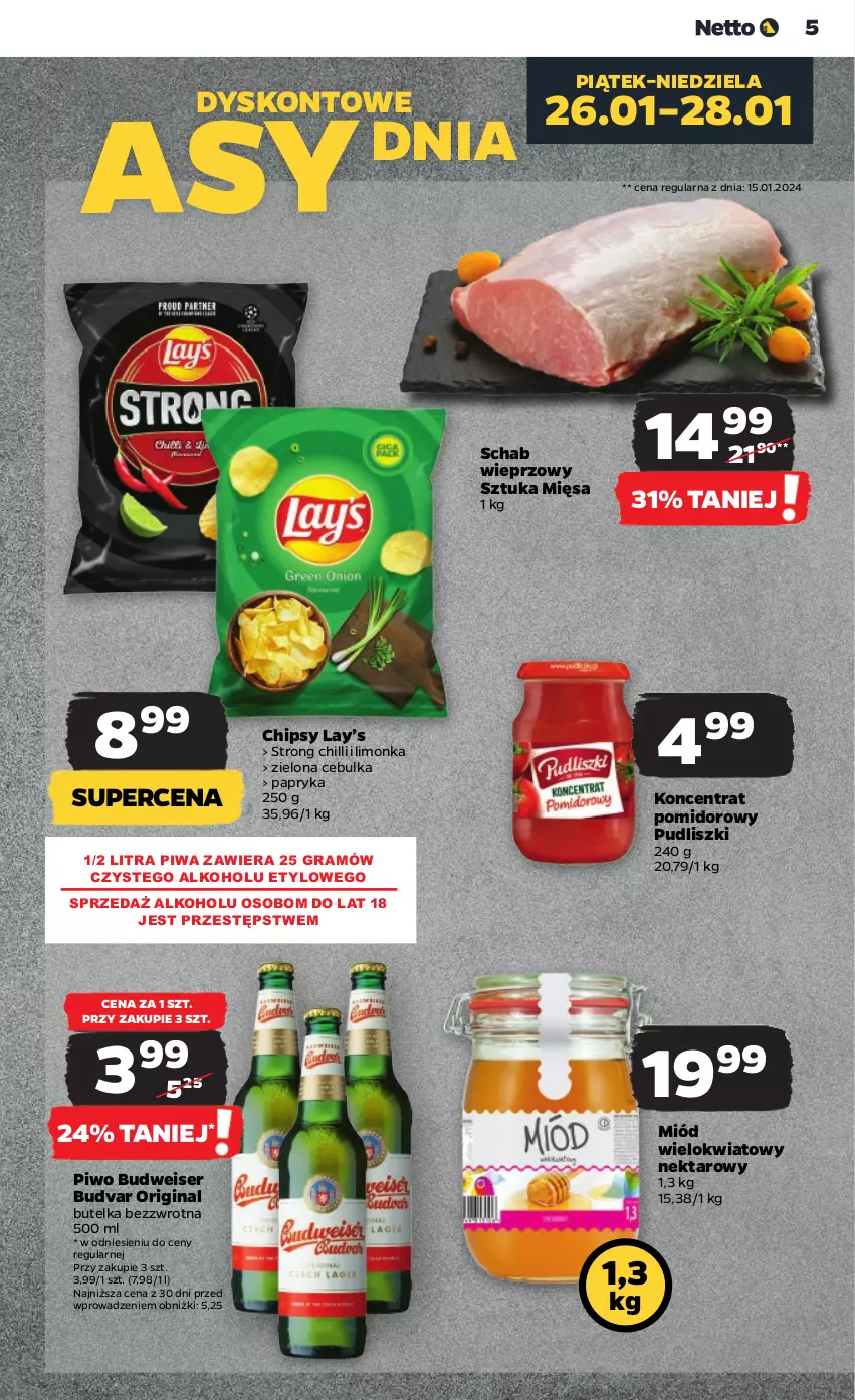 Gazetka promocyjna Netto - Artykuły spożywcze - ważna 25.01 do 31.01.2024 - strona 5 - produkty: Chipsy, Gin, Gra, Koncentrat pomidorowy, Lay’s, Limonka, Miód, Nektar, Papryka, Piwa, Piwo, Pudliszki, Schab wieprzowy, Ser