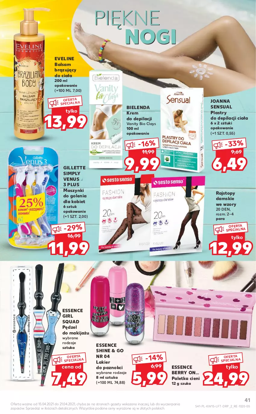 Gazetka promocyjna Kaufland - OFERTA TYGODNIA - ważna 15.04 do 21.04.2021 - strona 41 - produkty: Bielenda, Eveline, Gillette, Joanna, Krem do depilacji, Lakier, Lakier do paznokci, Makijaż, Paletka cieni, Plastry do depilacji, Rajstopy, Sensual, Squad, Top, Venus