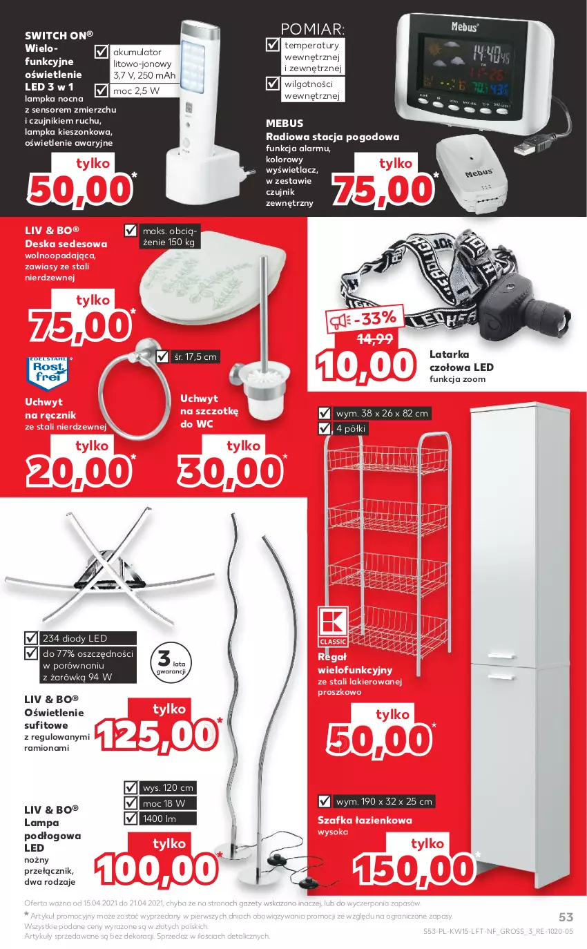 Gazetka promocyjna Kaufland - OFERTA TYGODNIA - ważna 15.04 do 21.04.2021 - strona 53 - produkty: Akumulator, Czujnik zewnętrzny, Deska sedesowa, Gra, Lakier, Lampa, Lampa podłogowa, Latarka, Latarka czołowa, LG, Noż, Por, Ręcznik, Regał, Sok, Stacja pogodowa, Szafka, Szafka łazienkowa, Tarka