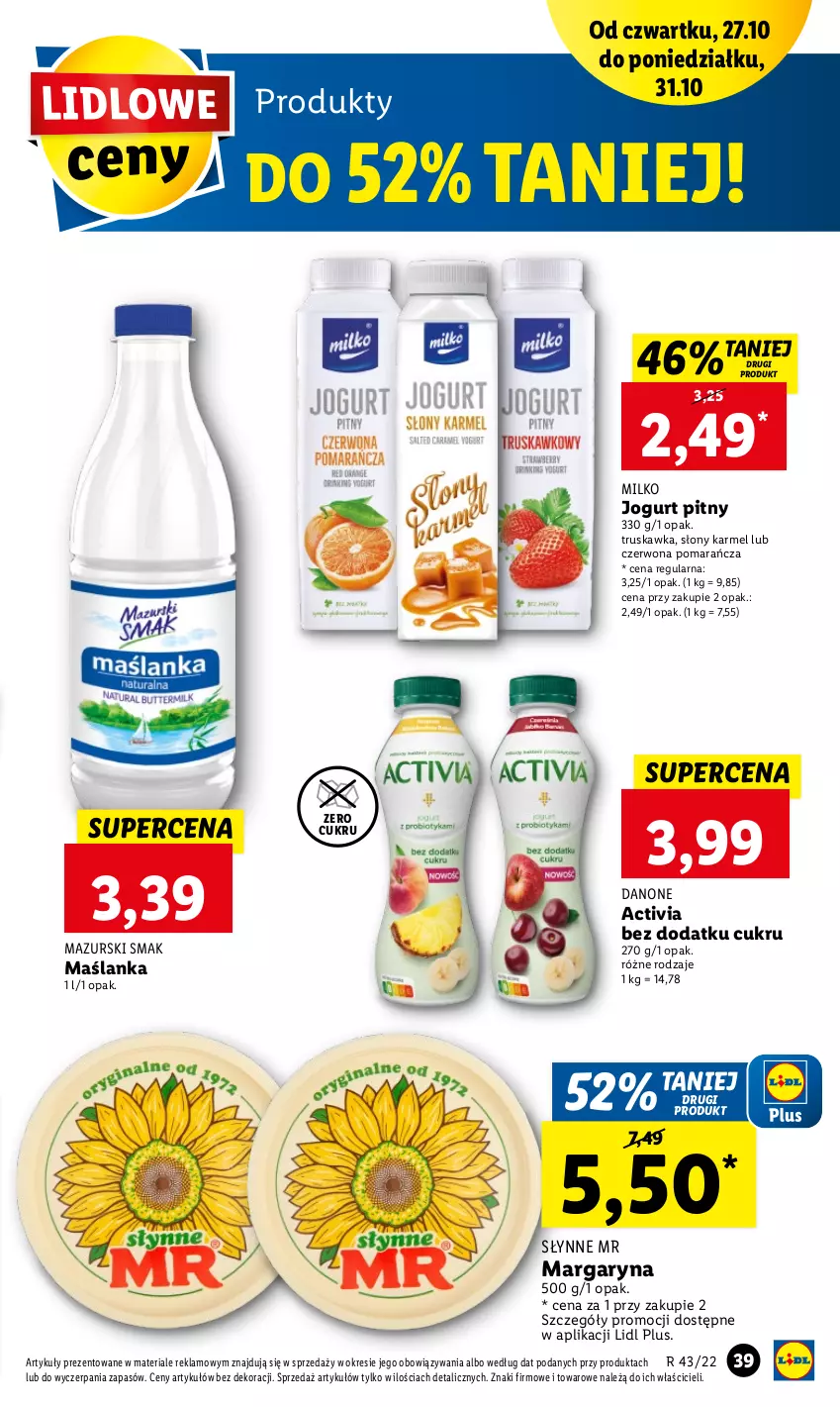 Gazetka promocyjna Lidl - GAZETKA - ważna 27.10 do 31.10.2022 - strona 49 - produkty: Activia, Danone, Jogurt, Jogurt pitny, Margaryna, Maślanka, Słynne