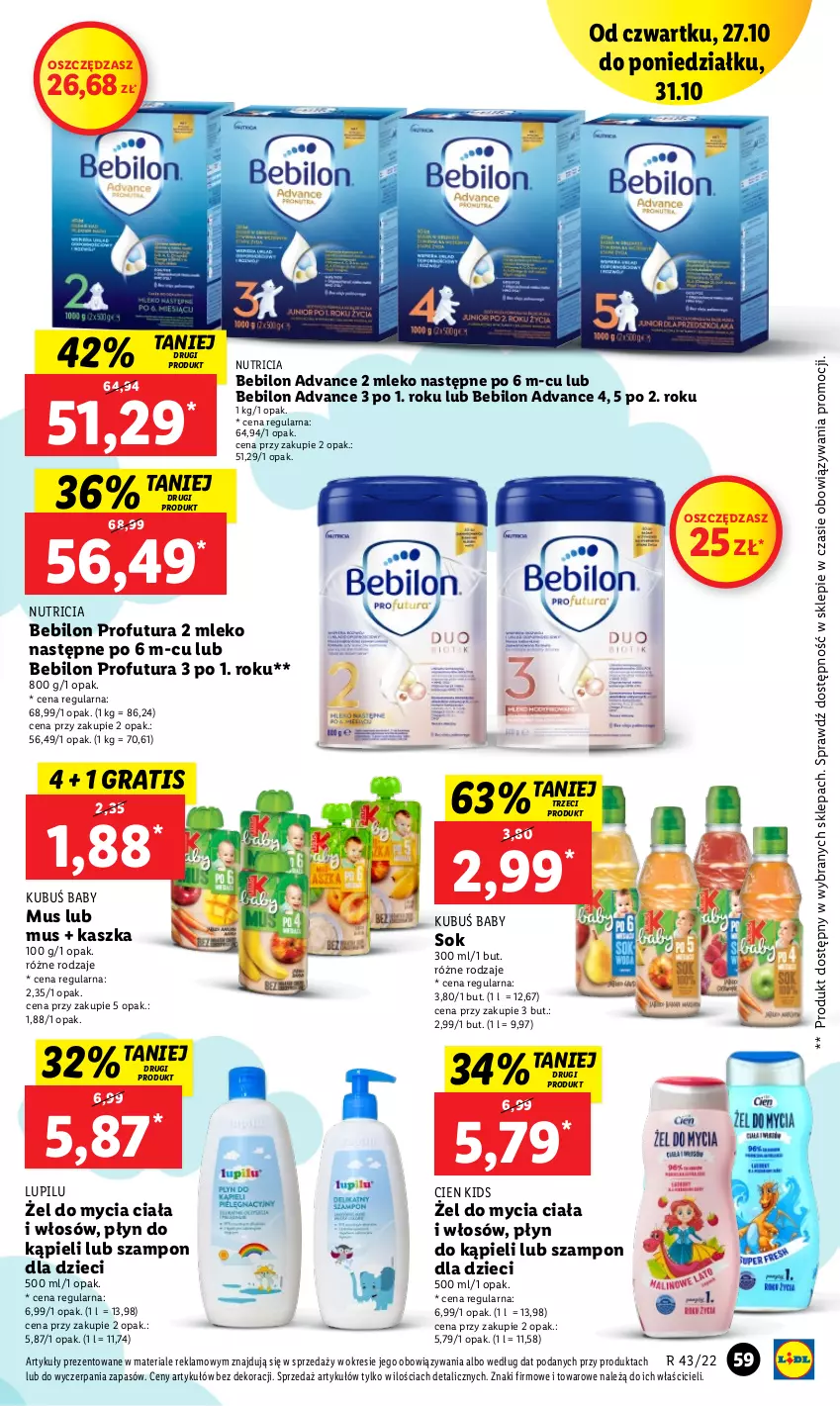 Gazetka promocyjna Lidl - GAZETKA - ważna 27.10 do 31.10.2022 - strona 69 - produkty: BEBILON, Dzieci, Gra, Kubuś, Mleko, Mus, O nas, Płyn do kąpieli, Sok, Szampon