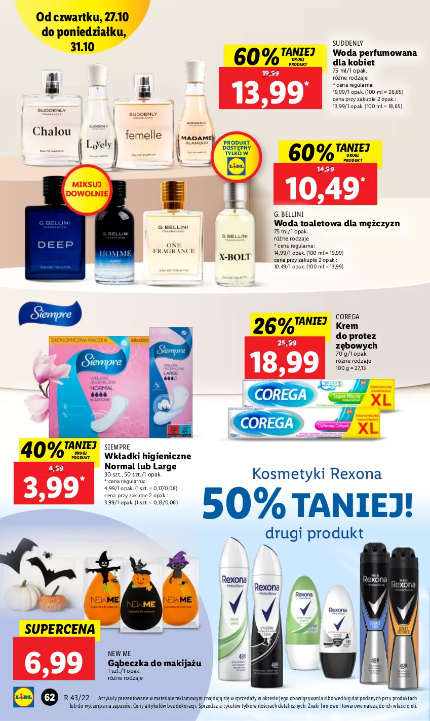 Gazetka promocyjna Lidl - GAZETKA - ważna 27.10 do 31.10.2022 - strona 72 - produkty: Bell, Corega, Makijaż, Perfum, Rexona, Wkładki, Woda, Woda perfumowana, Woda toaletowa