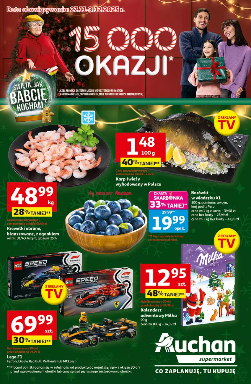 Gazetka promocyjna Auchan - Gazetka Święta jak babcię kocham Supermarket Auchan - ważna 27.11 do 03.12.2025 - strona 1 - produkty: Glazura, Iams, Kalendarz, Karp, Lazur, LEGO, Milka, Red Bull, SEKO