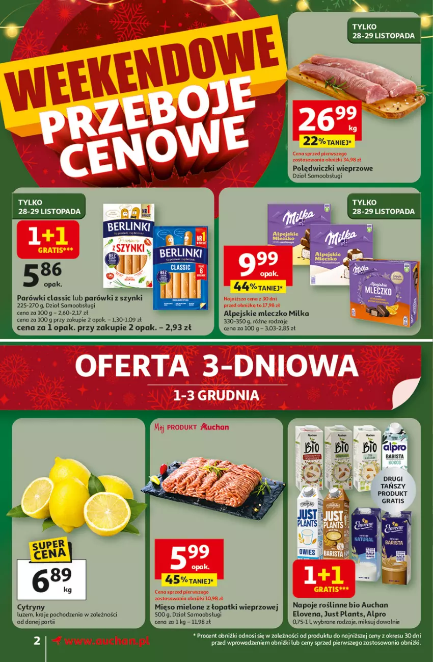 Gazetka promocyjna Auchan - Gazetka Święta jak babcię kocham Supermarket Auchan - ważna 27.11 do 03.12.2025 - strona 2 - produkty: Alpro, Cytryny, Gra, Mięso, Mięso mielone, Mięso mielone z łopatki wieprzowej, Milka, Mleczko, Napoje, Parówki, Parówki z szynki, Top