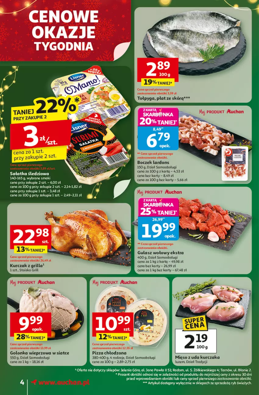 Gazetka promocyjna Auchan - Gazetka Święta jak babcię kocham Supermarket Auchan - ważna 27.11 do 03.12.2025 - strona 4 - produkty: Boczek, Golonka wieprzowa, Grill, Gulasz wołowy, Kurczak, Mięso, Mięso z uda kurczaka, Pizza, Tołpyga