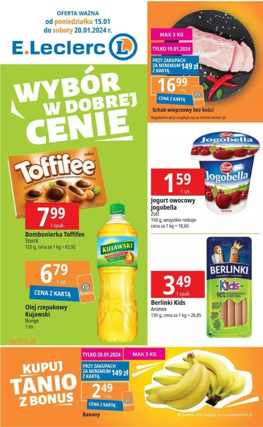 Gazetka promocyjna E Leclerc - ważna 15.01 do 20.01.2024 - strona 1 - produkty: Bell, Bella, Berlinki, Jogobella, Jogurt, Jogurt owocowy, Kujawski, Olej, Olej rzepakowy, Toffifee, Woda, Zott