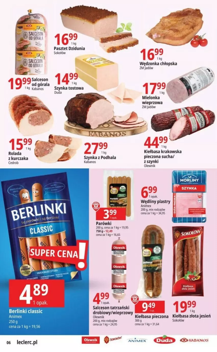 Gazetka promocyjna E Leclerc - ważna 15.01 do 20.01.2024 - strona 9 - produkty: Berlinki, Duda, Fa, Kabanos, Kiełbasa, Kiełbasa krakowska, Kurczak, Olewnik, Parówki, Pasztet, Piec, Rolada, Salceson, Sok, Sokołów, Szynka