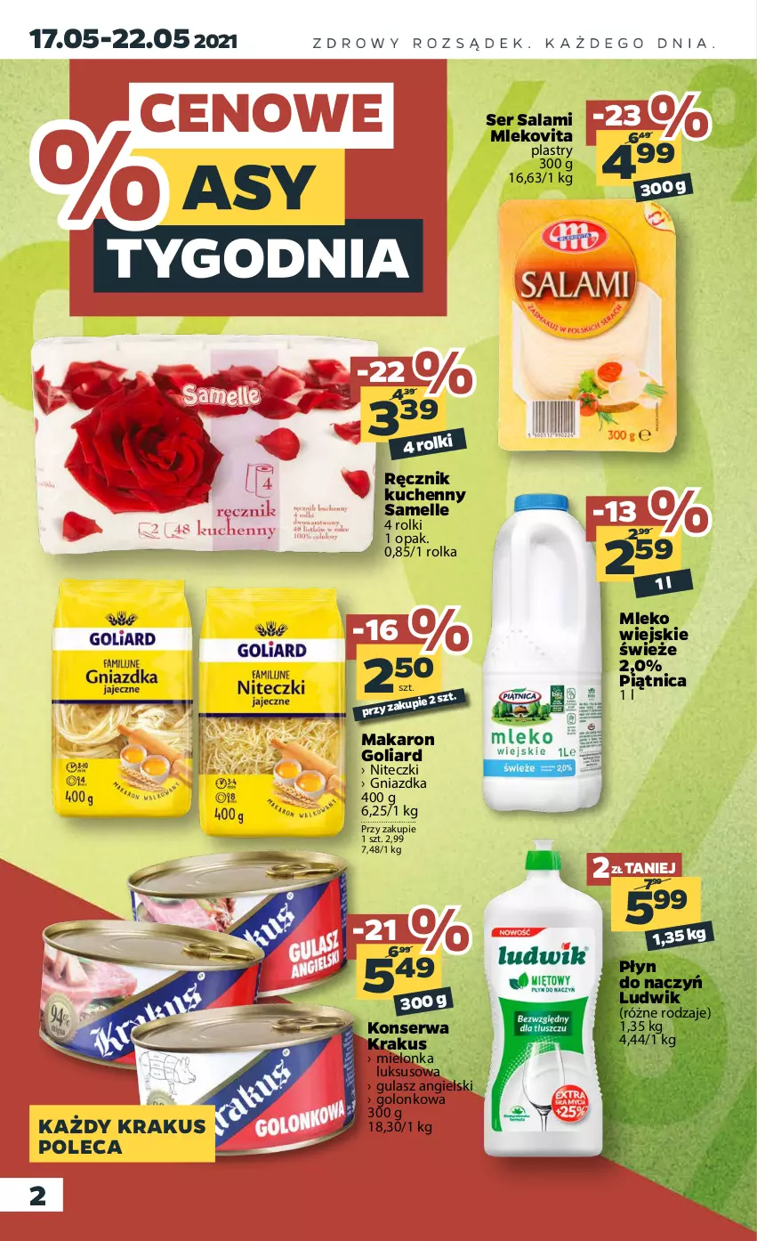 Gazetka promocyjna Netto - Gazetka spożywcza - ważna 17.05 do 22.05.2021 - strona 2 - produkty: Goliard, Krakus, Ludwik, Makaron, Mleko, Mlekovita, Piątnica, Ręcznik, Ręcznik kuchenny, Rolki, Salami, Ser, Ser salami