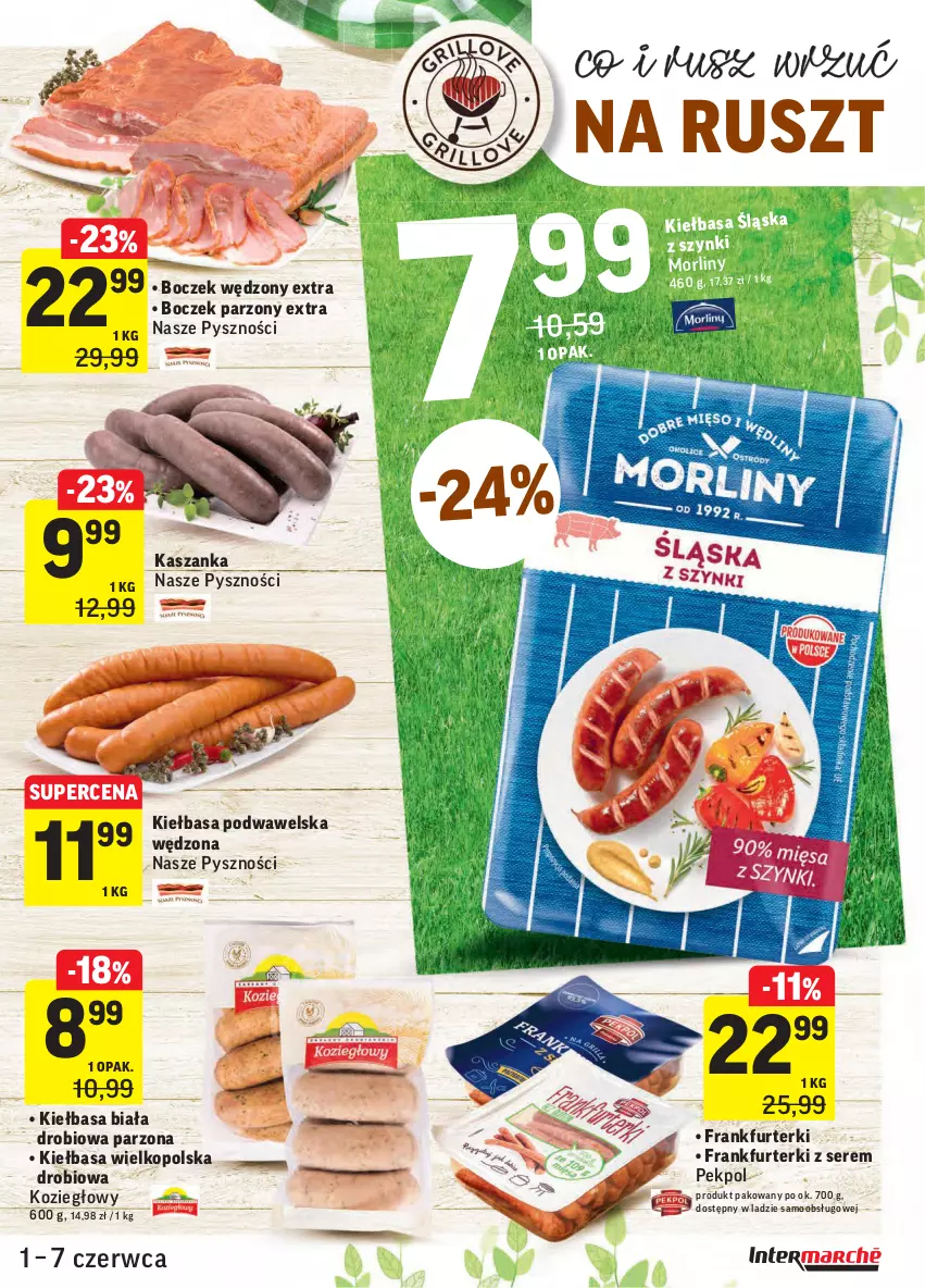 Gazetka promocyjna Intermarche - ważna 01.06 do 07.06.2021 - strona 15 - produkty: Boczek, Frankfurterki, Kasza, Kaszanka, Kiełbasa, Kiełbasa biała, Kiełbasa podwawelska, Morliny, Pekpol, Ser, Wawel