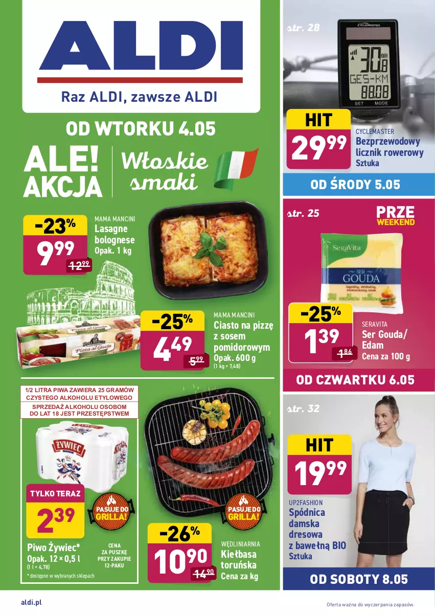 Gazetka promocyjna Aldi - ważna 04.05 do 08.05.2021 - strona 1 - produkty: Dres, Edam, Fa, Gouda, Gra, Grill, Kiełbasa, Lasagne, Lasagne bolognese, Piwa, Piwo, Rower, Ser, Sos, Spódnica, Tera