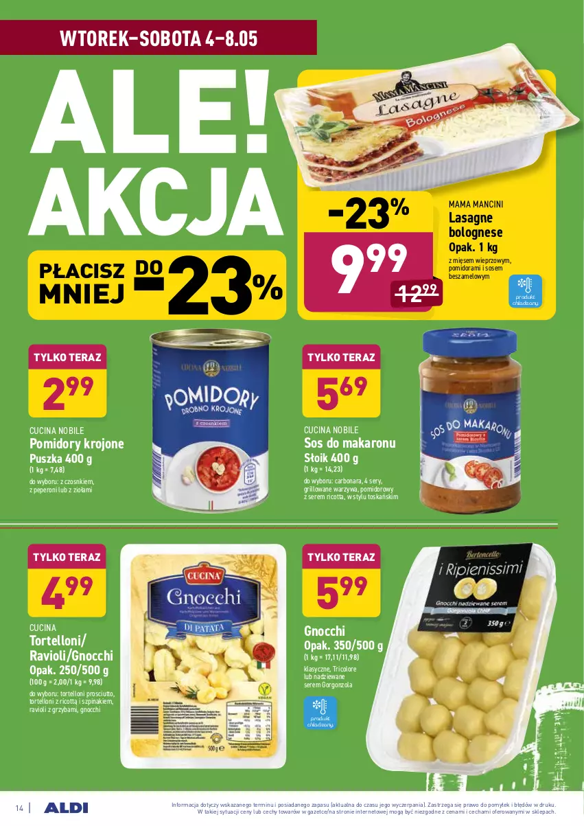 Gazetka promocyjna Aldi - ważna 04.05 do 08.05.2021 - strona 14 - produkty: Gnocchi, Gorgonzola, Grill, Lasagne, Lasagne bolognese, Makaron, Pomidory, Pomidory krojone, Prosciutto, Ricotta, Ser, Sos, Sos do makaronu, Szpinak, Tera, Tortelloni, Warzywa