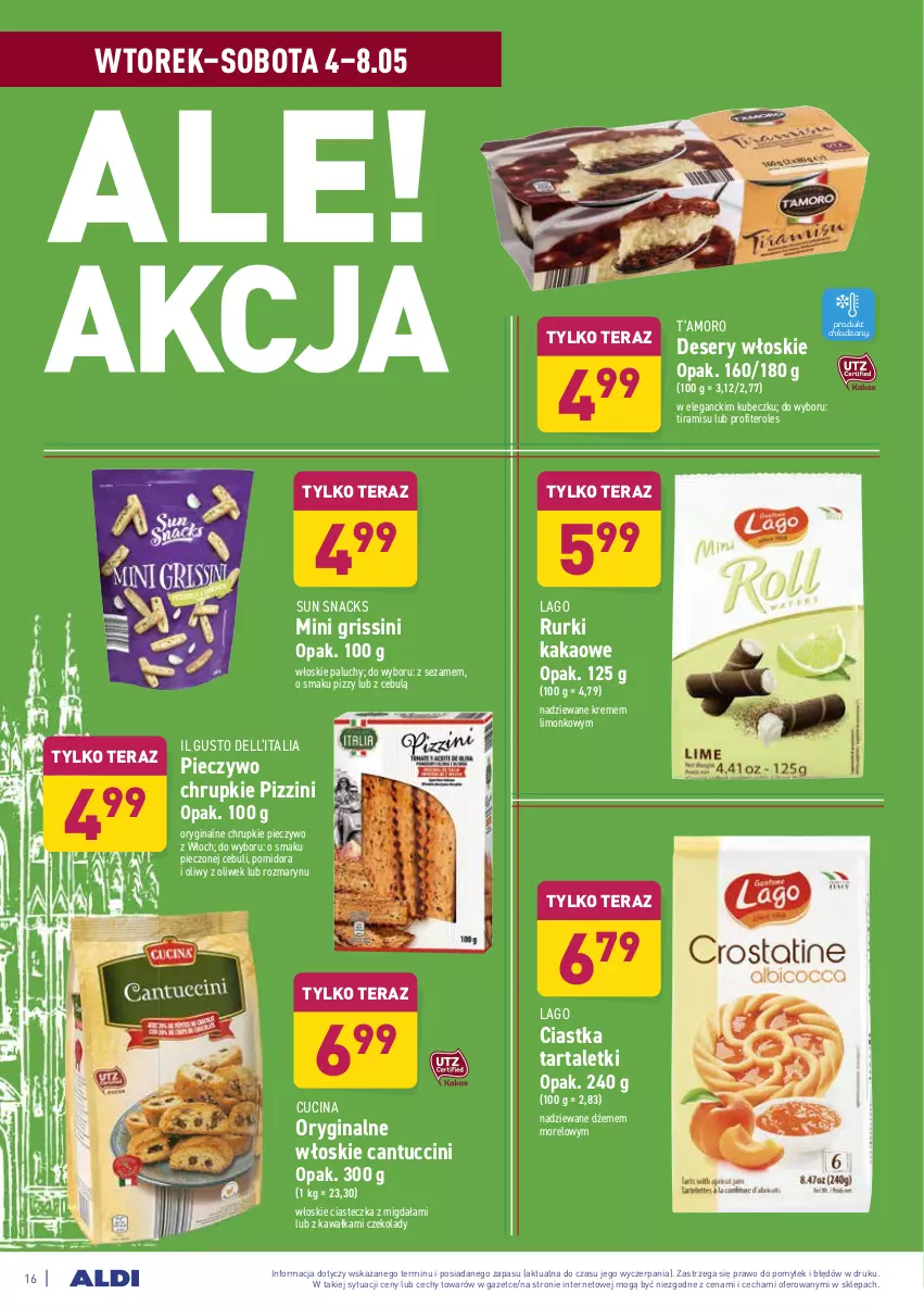 Gazetka promocyjna Aldi - ważna 04.05 do 08.05.2021 - strona 16 - produkty: Chrupki, Ciastka, Dell, Deser, Desery włoskie, Dżem, Gin, Grissini, Kakao, Kawa, Piec, Pieczywo, Pieczywo chrupkie, Rurki, Ser, Sezam, T’amoro, Tarta, Tera