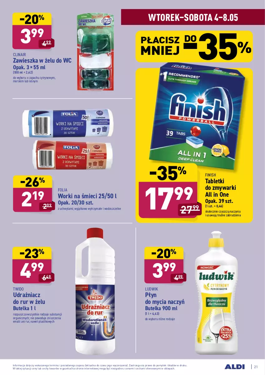 Gazetka promocyjna Aldi - ważna 04.05 do 08.05.2021 - strona 21 - produkty: Clin, Do mycia naczyń, Finish, Ludwik, Płyn do mycia, Płyn do mycia naczyń, Tablet, Tabletki do zmywarki, Worki na śmiec, Worki na śmieci, Zmywarki