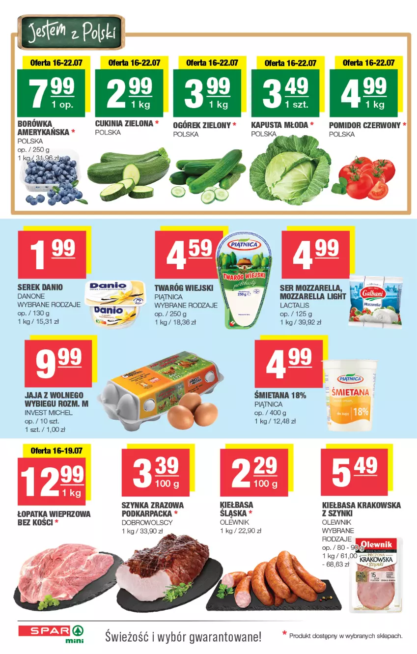 Gazetka promocyjna Spar - Spar-Mini - ważna 13.07 do 23.07.2025 - strona 2 - produkty: Borówka, Danio, Danone, Jaja, Karp, Kiełbasa, Kiełbasa krakowska, Mozzarella, Ogórek, Olewnik, Piątnica, Ser, Serek, Szynka, Twaróg