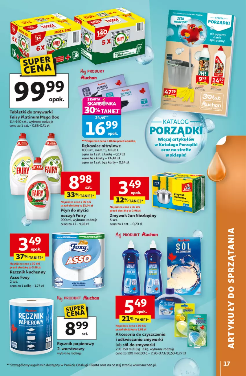 Gazetka promocyjna Auchan - Gazetka 30 Lat Hipermarket Auchan - ważna 19.03 do 25.03.2026 - strona 17 - produkty: Fa, Fairy, Foxy, Jan Niezbędny, Papier, Płyn do mycia, Ręcznik, Ręcznik kuchenny, Rękawice, Sól, Tablet, Tabletki do zmywarki, Zmywarki