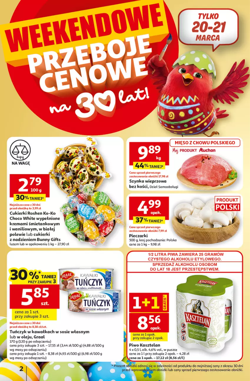 Gazetka promocyjna Auchan - Gazetka 30 Lat Hipermarket Auchan - ważna 19.03 do 25.03.2026 - strona 2 - produkty: Cukier, Cukierki, Gra, Graal, Kasztelan, Kawa, Olej, Piec, Piwo, Sos, Szynka, Szynka wieprzowa, Tuńczyk