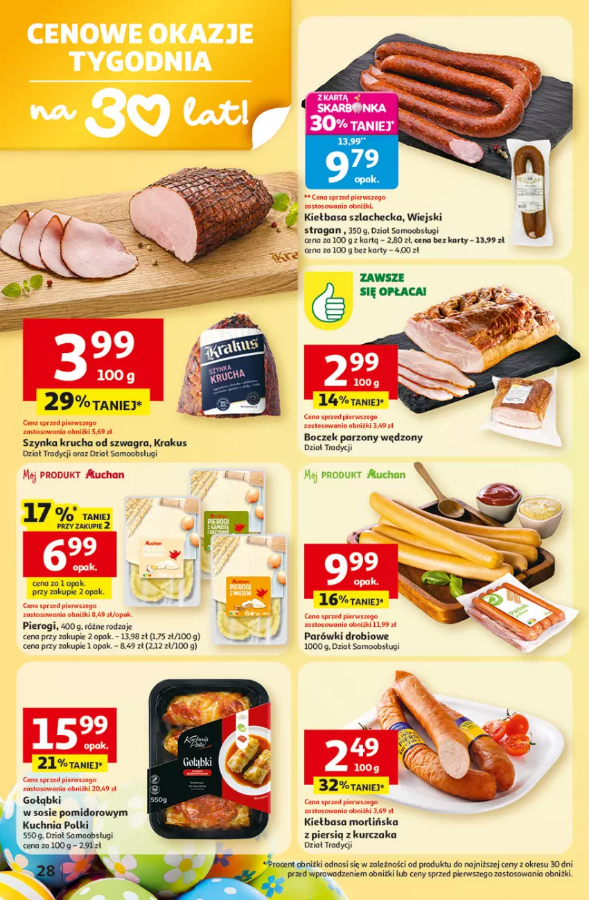 Gazetka promocyjna Auchan - Gazetka 30 Lat Hipermarket Auchan - ważna 19.03 do 25.03.2026 - strona 28 - produkty: Boczek, Gra, Kiełbasa, Krakus, Kuchnia, Kurczak, Parówki, Pierogi, Sos, Szynka