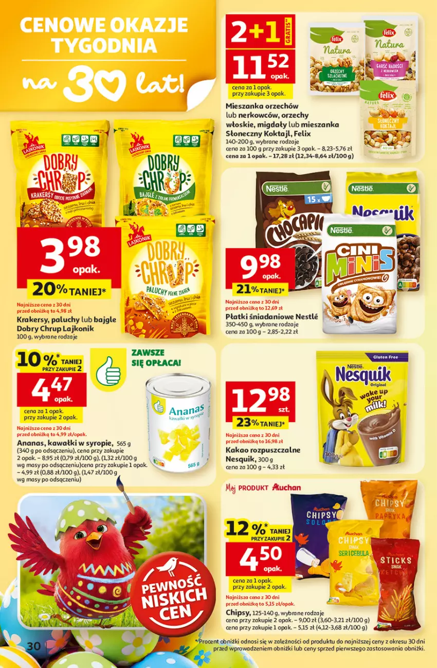 Gazetka promocyjna Auchan - Gazetka 30 Lat Hipermarket Auchan - ważna 19.03 do 25.03.2026 - strona 30 - produkty: Ananas, Bajgle, Chipsy, Danio, Felix, Gra, Kakao, Kawa, Krakersy, Lajkonik, Migdały, Nesquik, Orzechy włoskie, Syrop