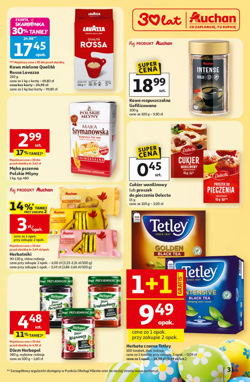 Gazetka promocyjna Auchan - Gazetka 30 Lat Hipermarket Auchan - ważna 19.03 do 25.03.2026 - strona 31 - produkty: Cukier, Cukier wanilinowy, Delecta, Dżem, Herbapol, Herbata, Herbatniki, Kawa, Kawa mielona, Kawa rozpuszczalna, Lack, Lavazza, Mąka, Mąka pszenna, Piec, Polskie Młyny, Proszek do pieczenia, Pur