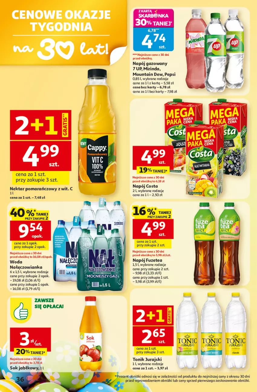 Gazetka promocyjna Auchan - Gazetka 30 Lat Hipermarket Auchan - ważna 19.03 do 25.03.2026 - strona 36 - produkty: Kaki, Mirinda, Napój, Napój gazowany, Nektar, Pepsi, Sok, Sok jabłkowy, Tonik, Woda